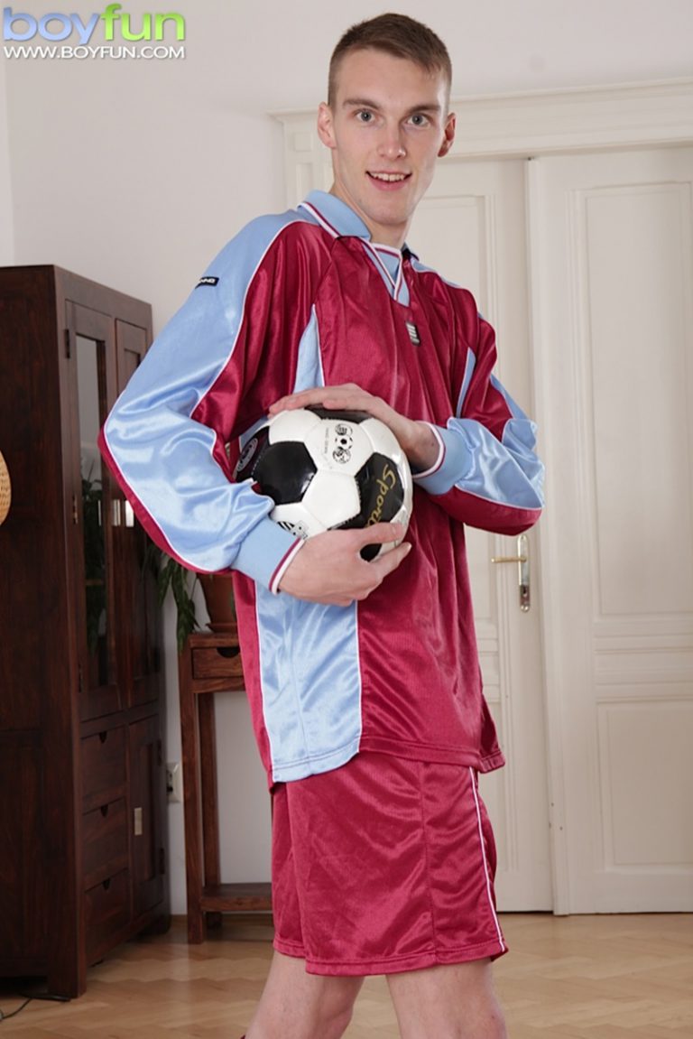 BoyFun young naked soccer player Mike James stroking hard thick twink cock huge boys cumming soccer kit footie strip jerking 001 gay porn sex gallery pics video photo 768x1151 - Soccer player Mike James stroking his hard cock