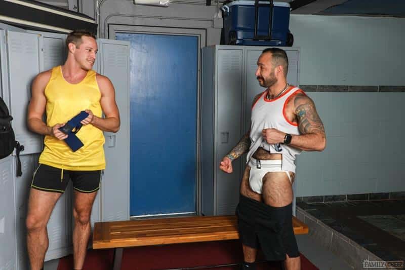 Gay lockerroom sex hairy dude Julian Torres’s huge raw dick fucking Michael Seraph at Pride Studios